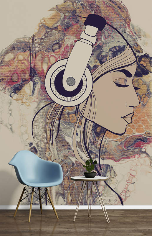 kopfhörer, wand mural, kunst, frau, elegant