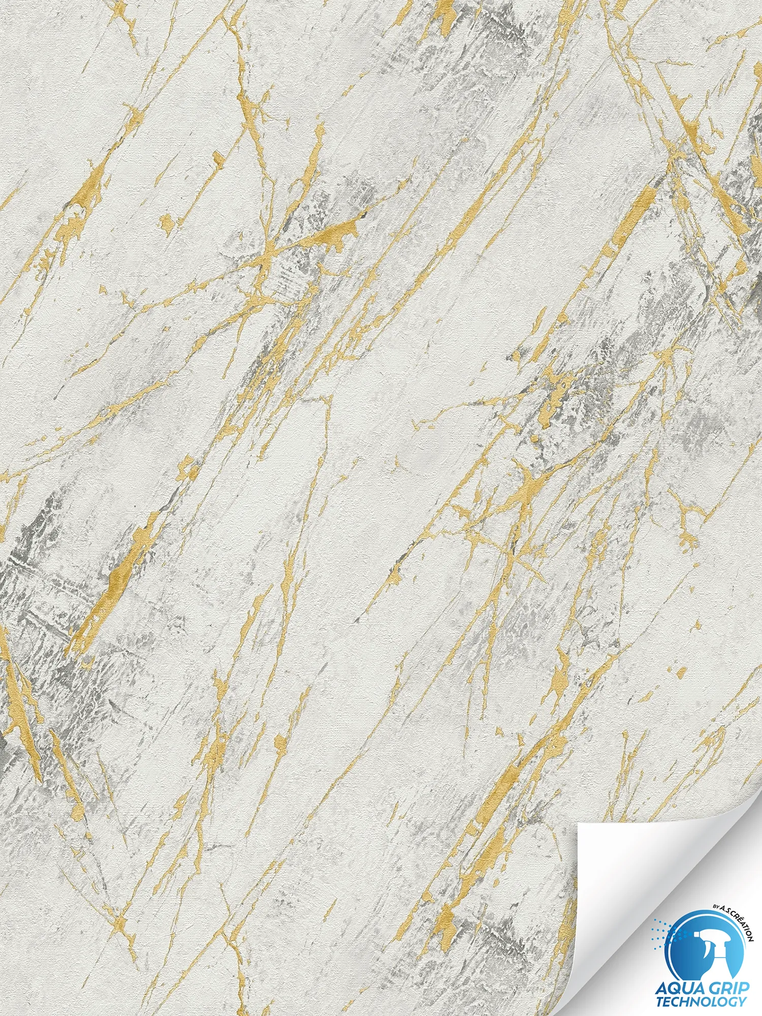 papier peint en papier intissé en marbre clair et raffiné avec détails dorés, légèrement brillant et structure grossière - Water. Fixe. Prêt à l'emploi. - Blanc, gris, or