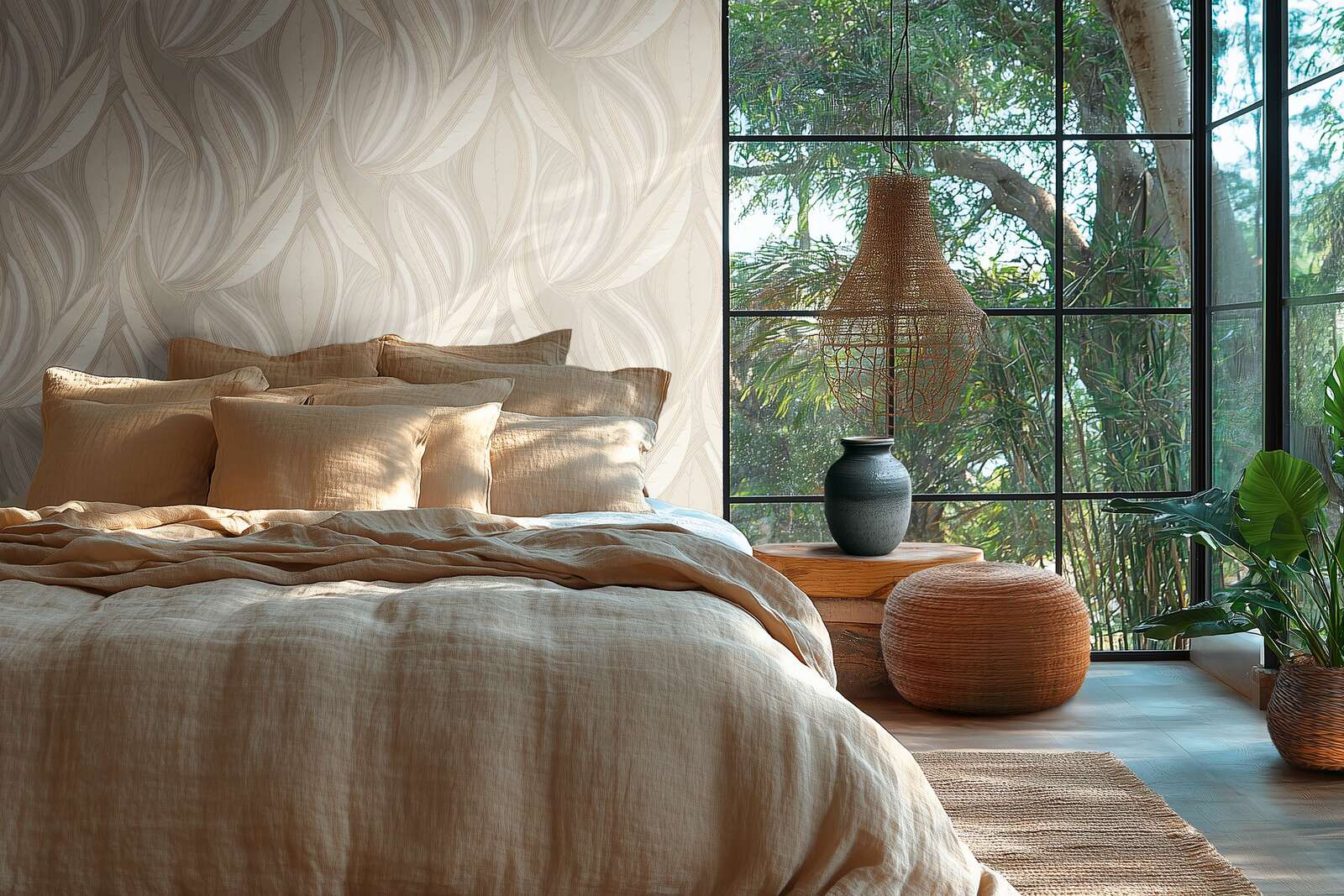             Extravagante und fein strukturierte Vliestapete mit geschwungenem, dynamischem Blätter-Design – Creme, Beige, Hellgrau
        