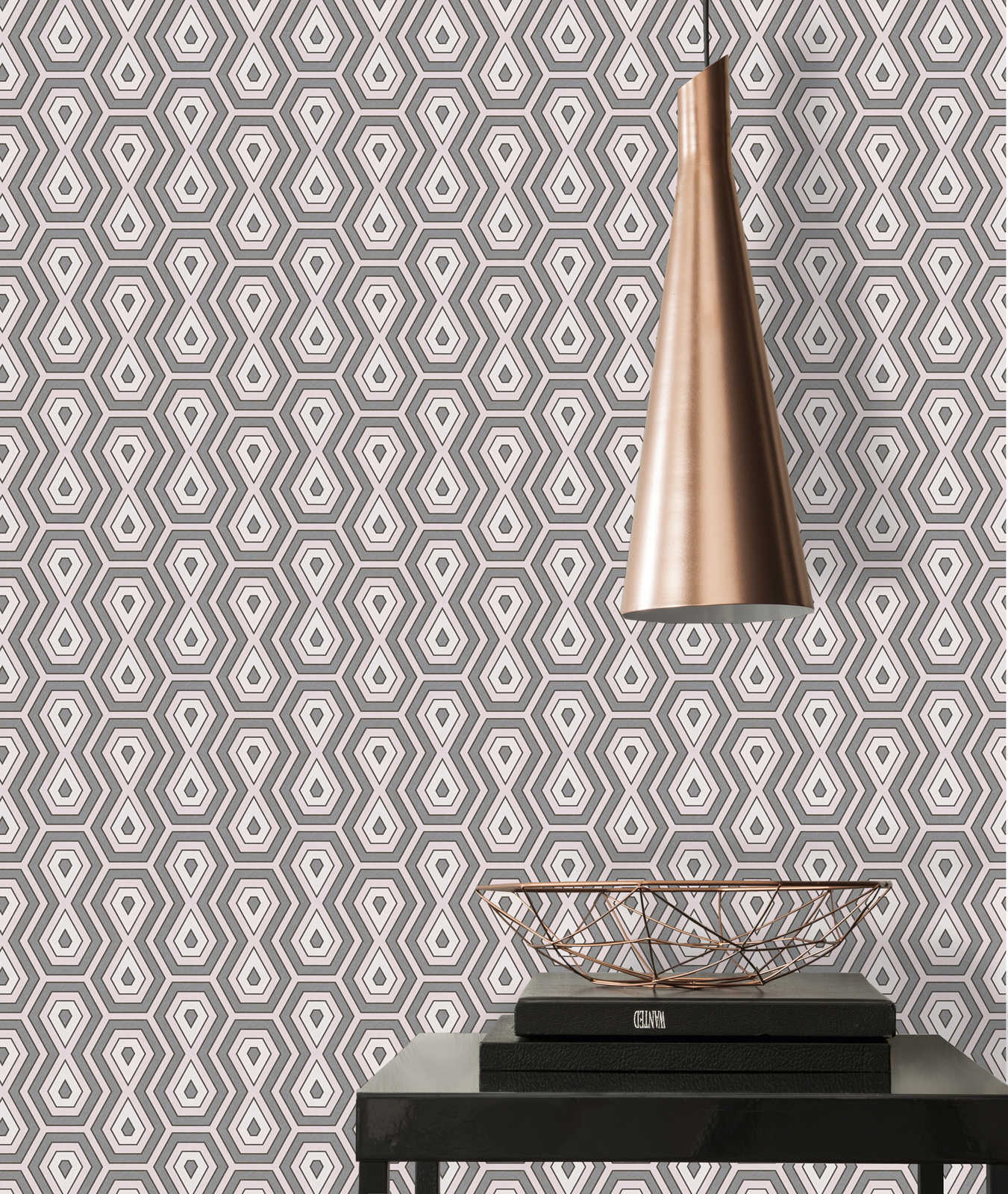 Tapete Metallic Retro Muster mit 70er Grafik Design – Rosa, Grau, Weiß