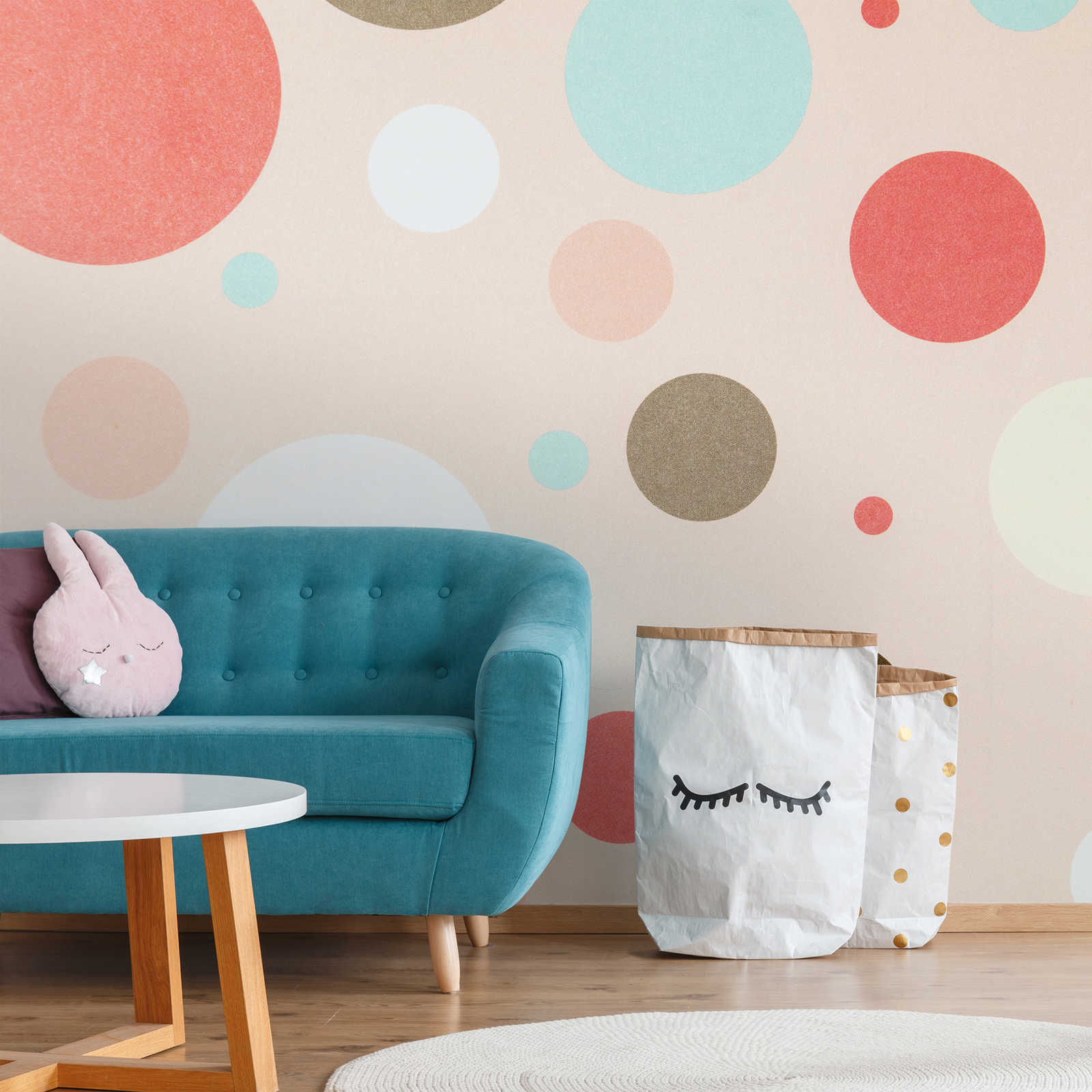             Nursery mural with colourful circles - Smooth & slightly shiny non-woven
        