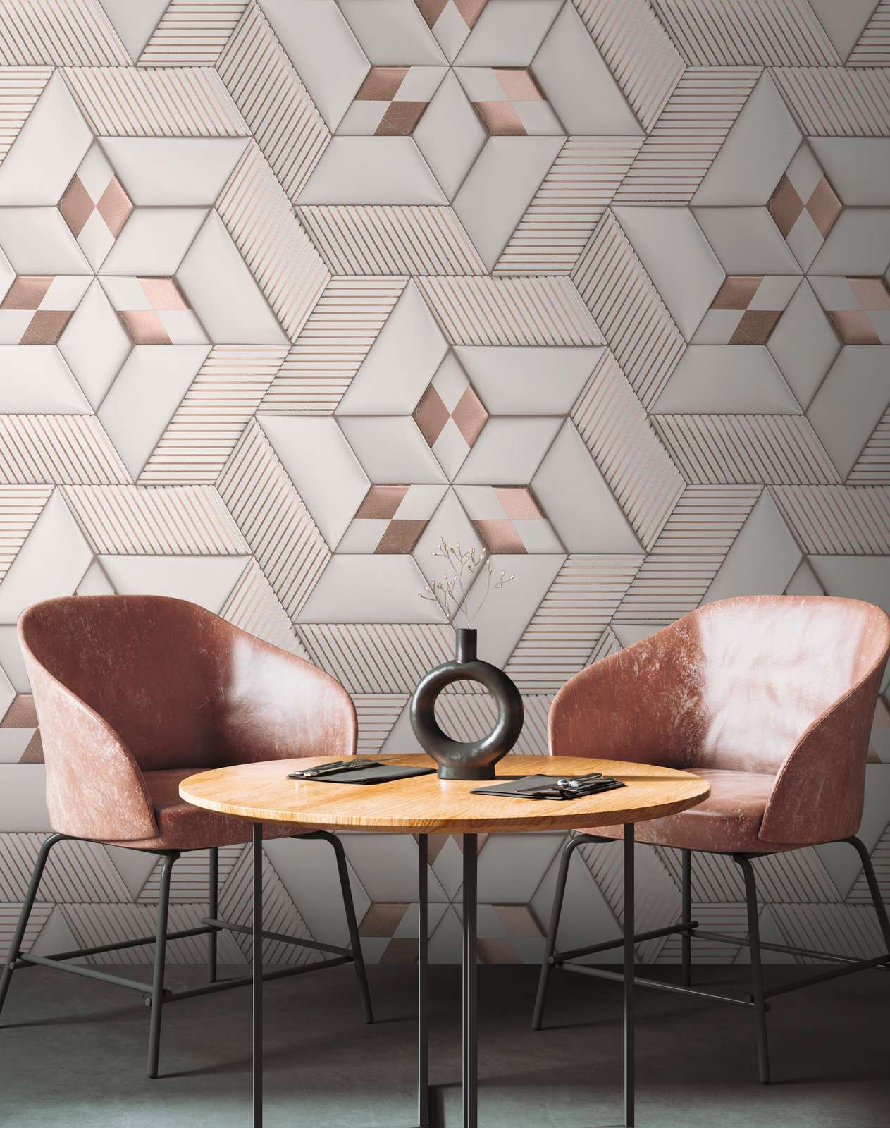             Vliestapete mit abstraktem 3D-Muster – Weiß, Creme, Bronze
        