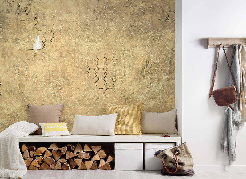             Fototapete Beton mit geometrischem Design in Used-Optik – Gelb, Beige, Schwarz
        