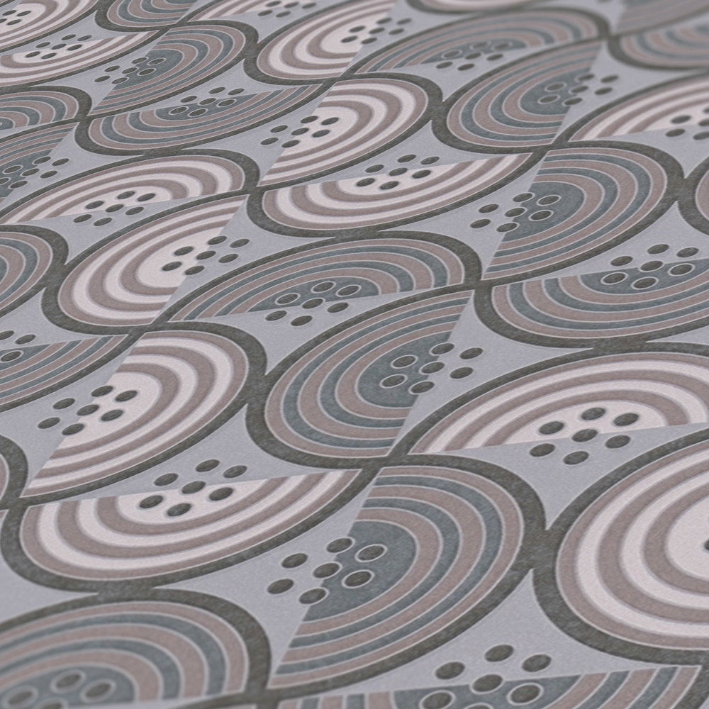             Grafische Tapete mit Punkt- & Halbkreismuster – Taupe, Grau, Creme
        