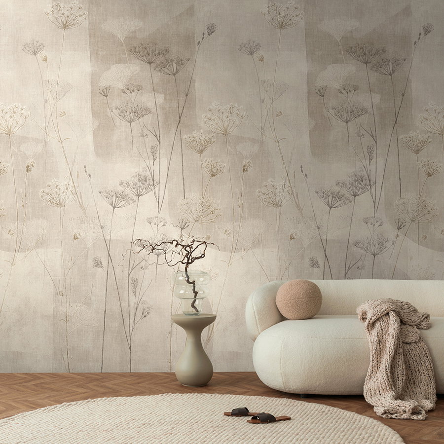 Wandtapete, Blumenmuster, Neutralfarben, Wohnzimmerdekoration, Runde Kredit
