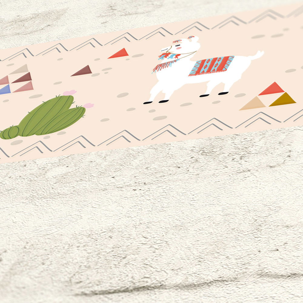             Aufregende Kinder Bordüre "Lamas in ihrem Zuhause" – Beige, Grün, Rot
        