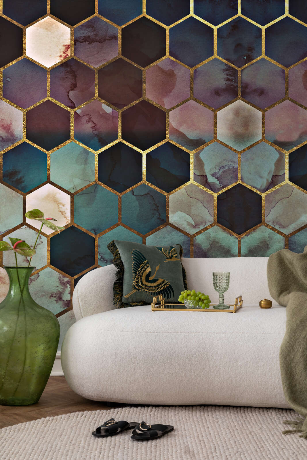 hexagon-tile, wand-tiles, gold-edged, murale, sofa-decor