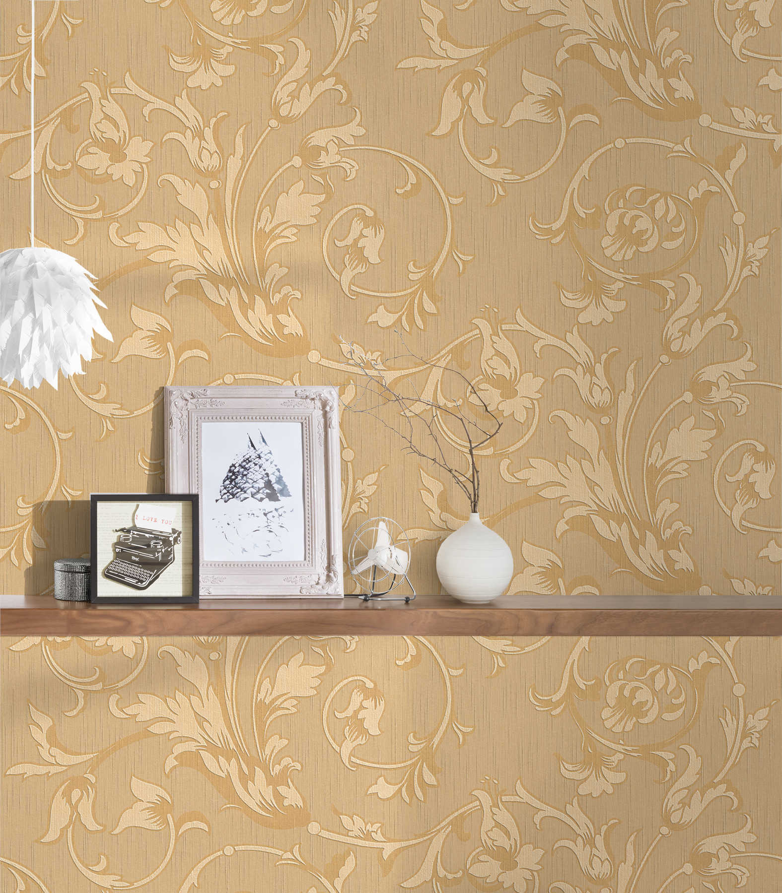             Barock Tapete mit Ornamenten Seiden Textiloptik – orange, Beige
        