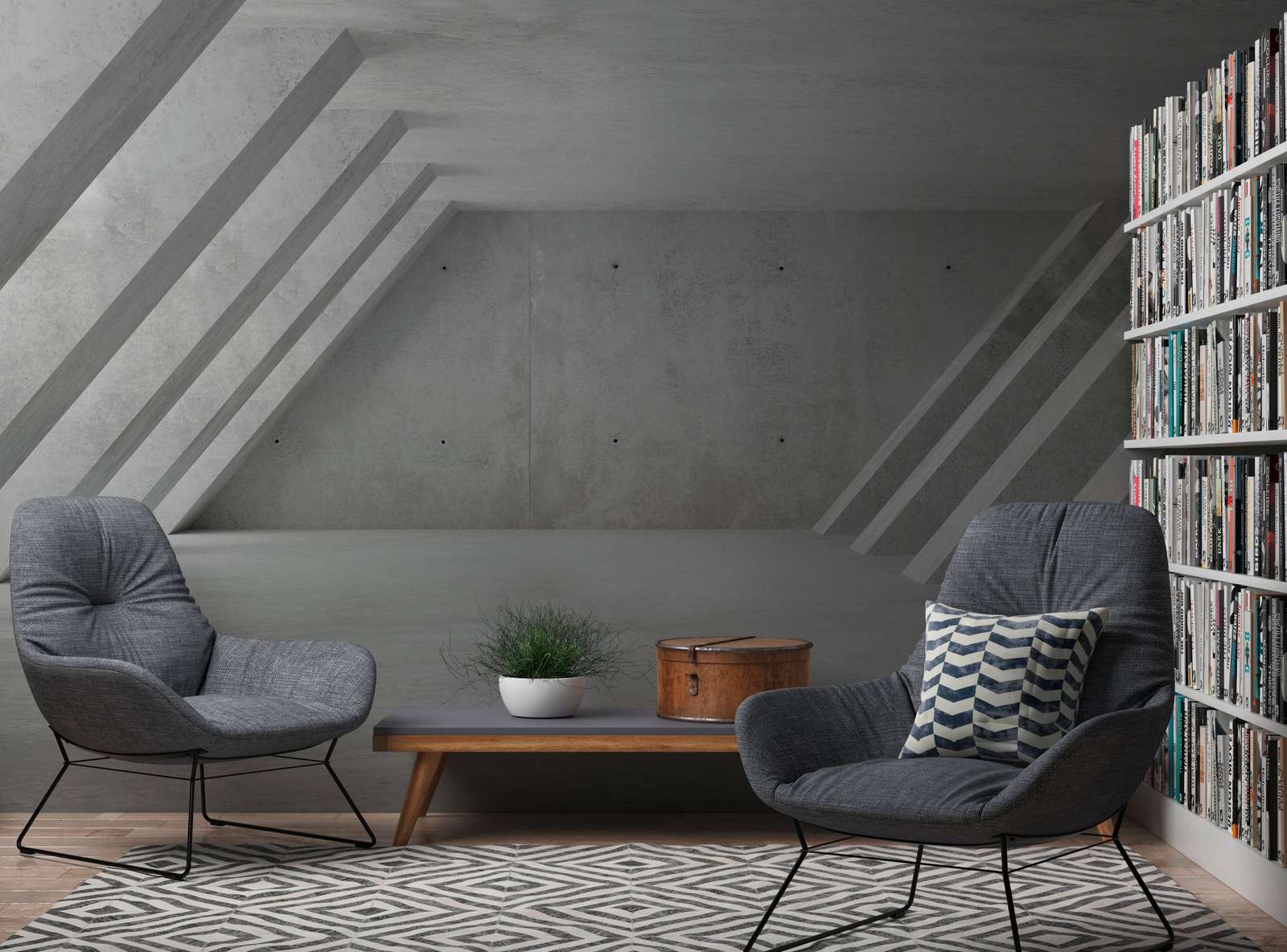 wohnzimmer, sessel, bücherregal, tisch, pflanze