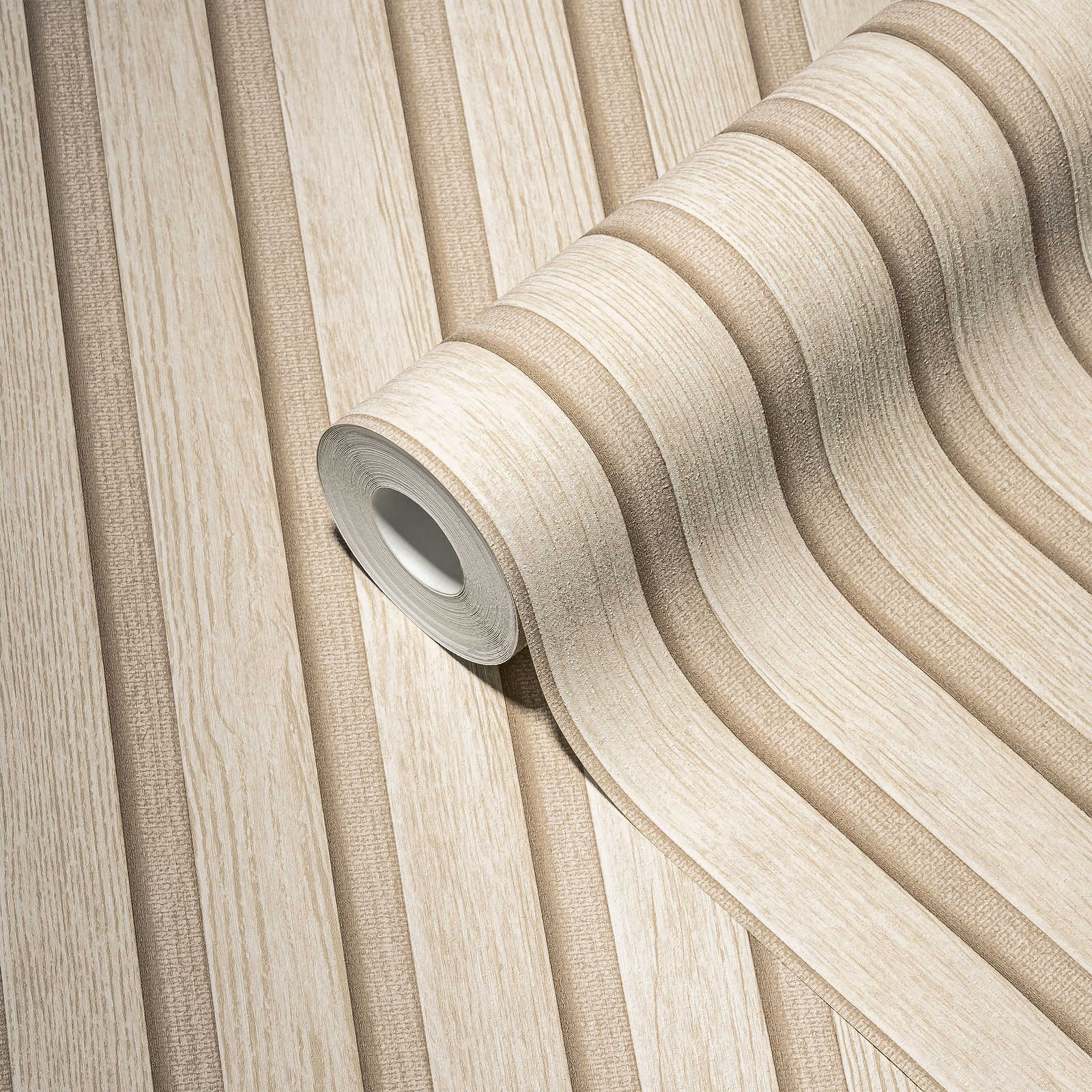             Vliestapete mit Holzoptik Akustikpaneel-Look – Creme, Beige
        