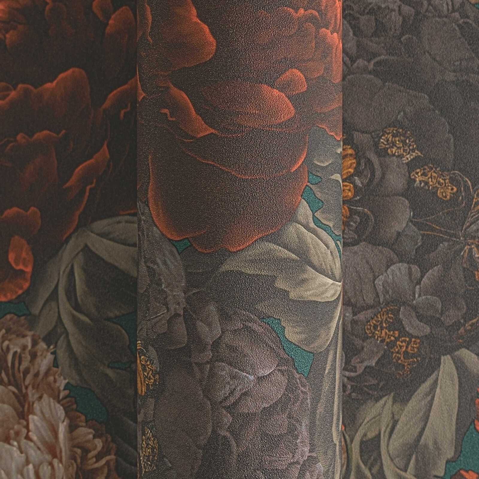 MICHALSKY Vliestapete mit großem Blütenmuster im Vintagelook – Grün, Grau, Orange