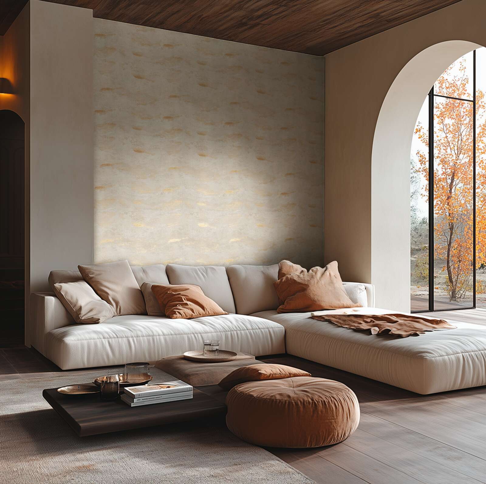             Gemütliche, einfach strukturierte Vliestapete mit natürlicher und schimmernder Wellenoptik – Creme, Grün, Gold
        