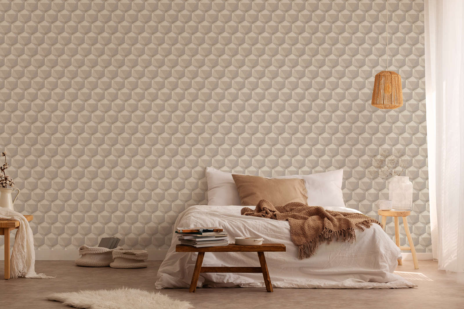 Mustertapete mit 3D Design & Leinenoptik – Beige, Grau