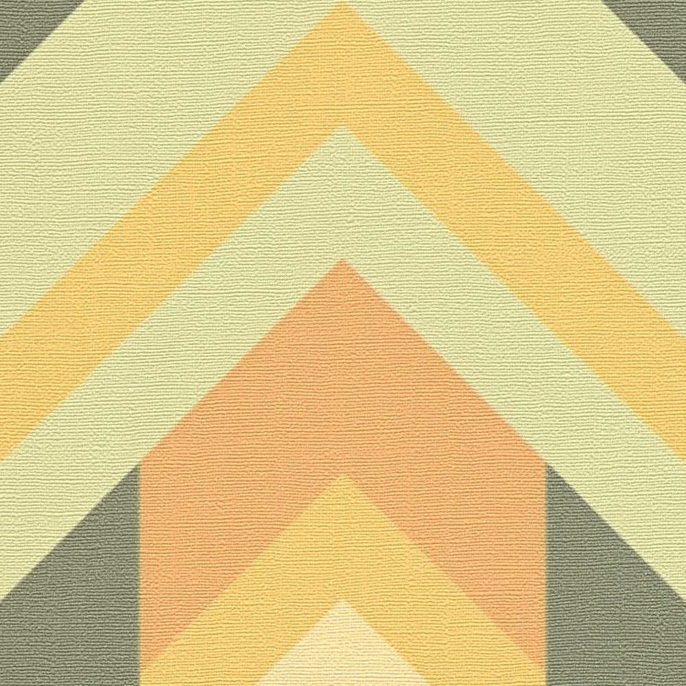             Geometrische Ornamente im Retro Stil auf Vliestapete – Grün, Gelb, Orange
        
