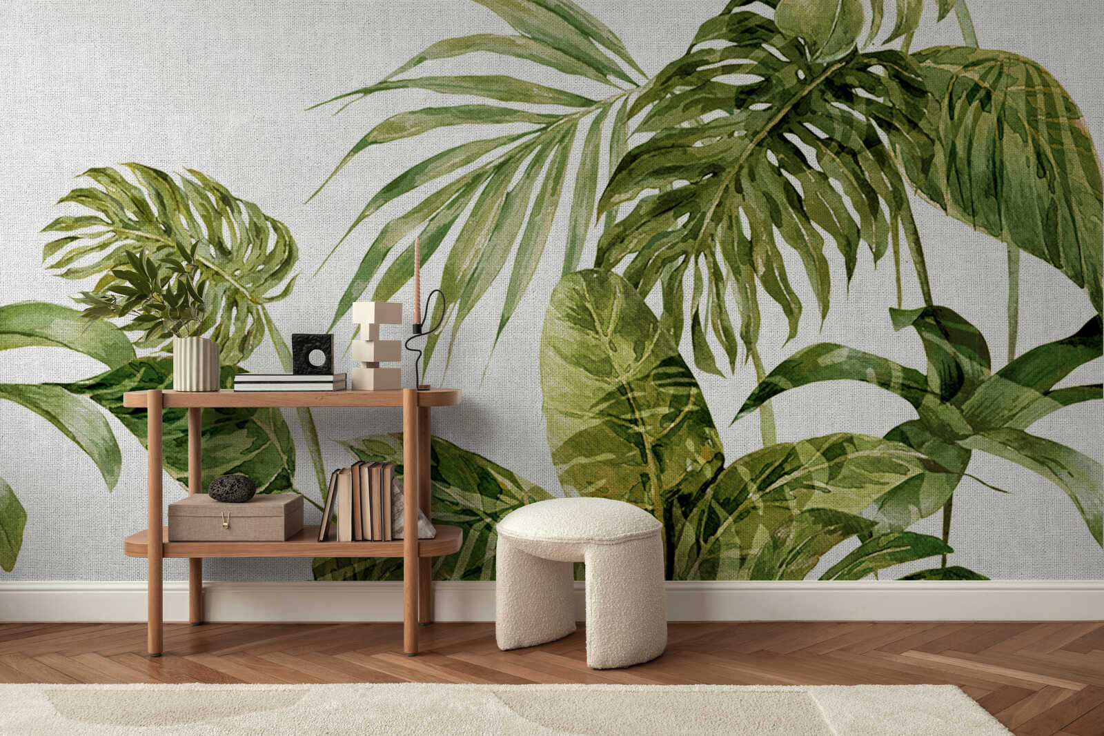 Tapisurlaub, Pflanzenmotiv-Wandtapete, Wandgestaltung, Wohnzimmer-Accessoires, Holzkonsole