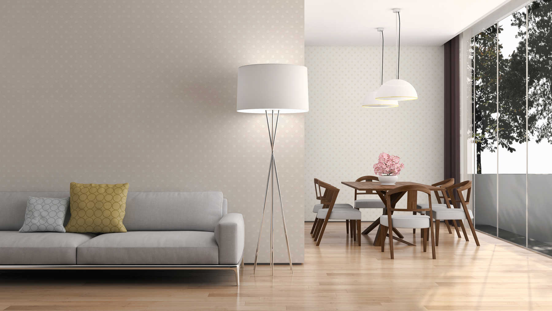 Wohnzimmer, Sofa, Stehlampe, Esstisch, Kissen