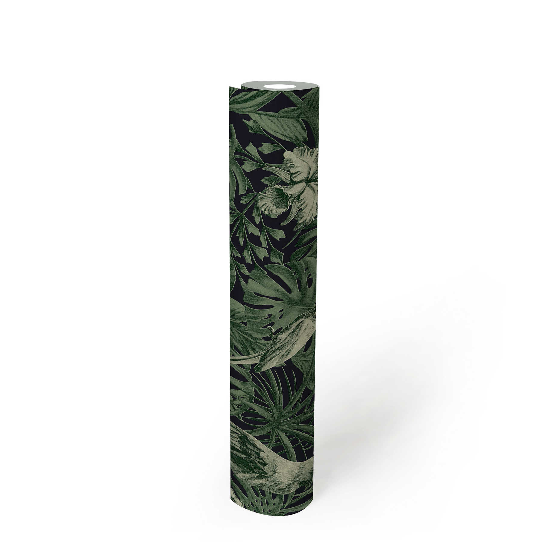             Tapete tropische Vögel & exotische Blüten – Grün, Schwarz
        