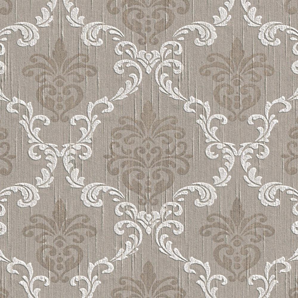             High quality non-woven wallpaper with real textile ornament design in colonial style - beige, grey
        