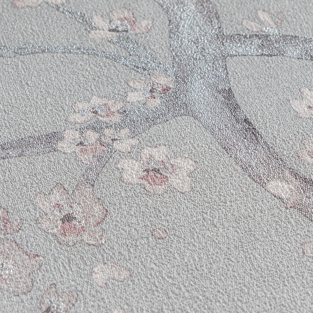 Zeitlose Vliestapete mit Kirschblüten-Design und feiner Struktur – Grau, Rosa, Schwarz