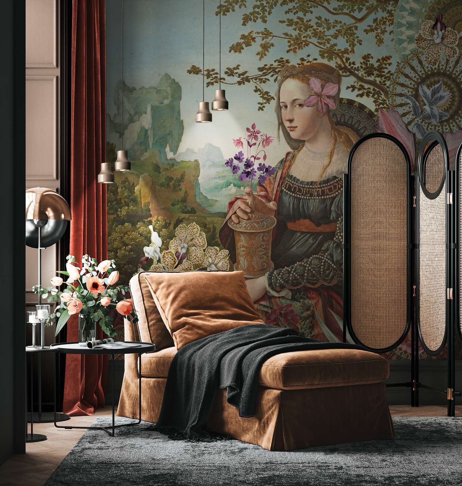             Exklusive Motiv-Tapete mit Frau in Gemälde-Optik – Rosa, Grün
        