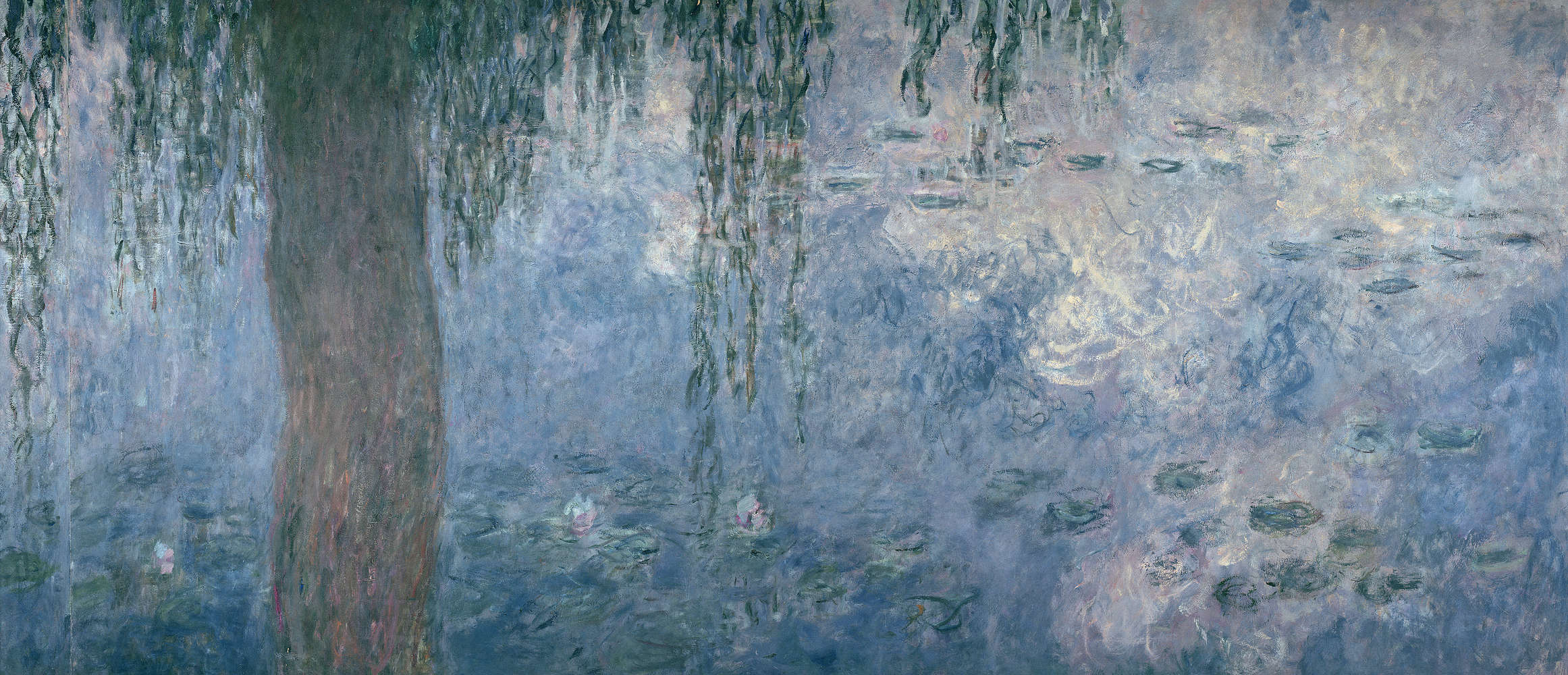 perlazierte blau, Seerosen, malerische textur, Teichszene, Baumreflexion