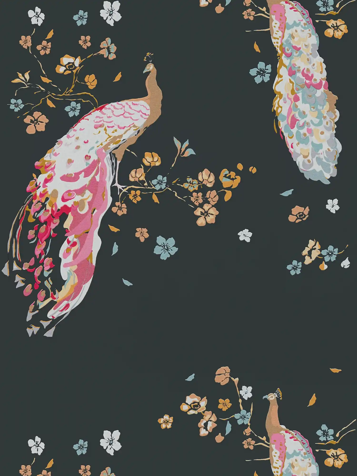         Non-woven wallpaper with peacock pattern with gloss & texture - black, gold, colourful
    