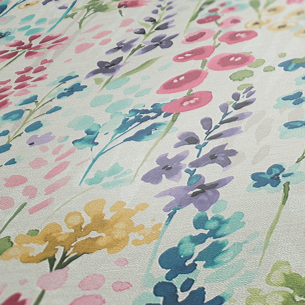 Bunte Blütenwiese-Tapete im Aquarelldesign – Bunt, Weiß, Pink