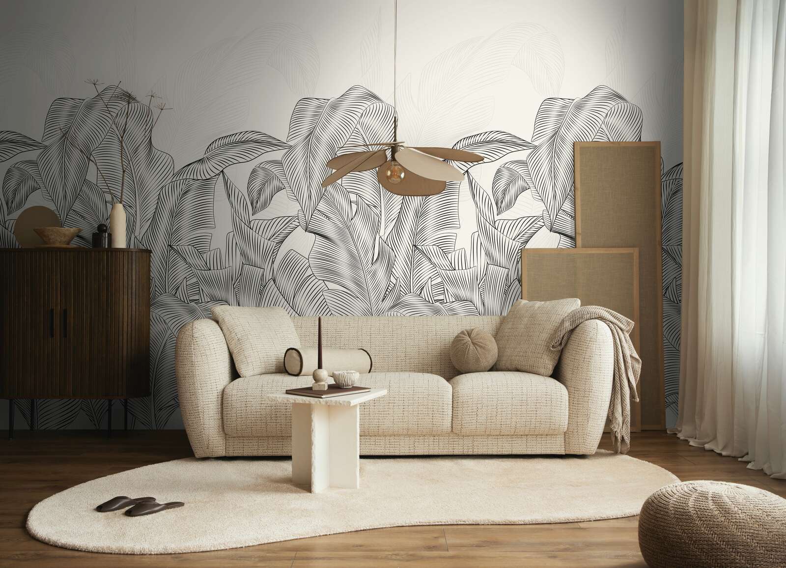 Sofa, Wohnzimmer, Blumentapete, Teppich, Beige