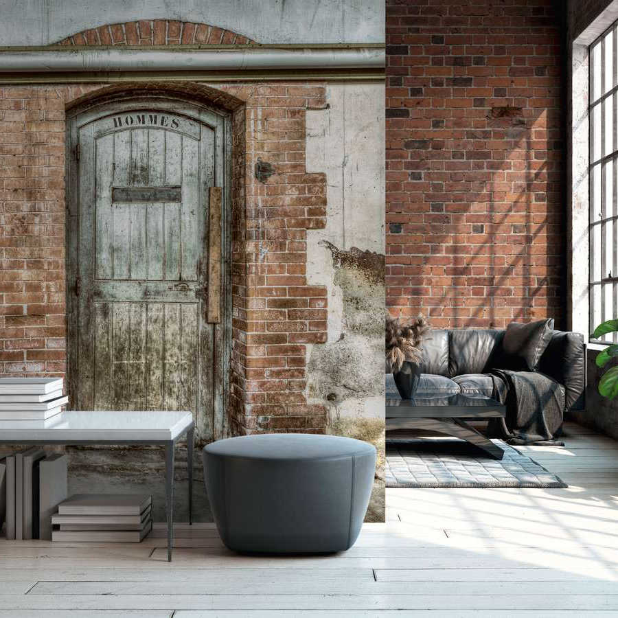         Stone Wall Wallpaper with Vintage Toilet Doors - Beige, Cream
    