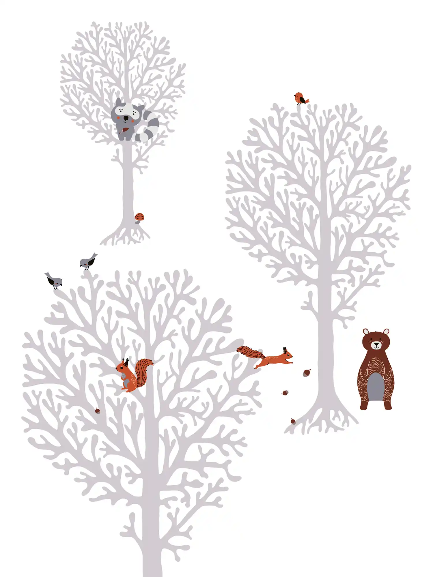         Papier peint chambre fille Animaux de la forêt - marron, gris, blanc
    