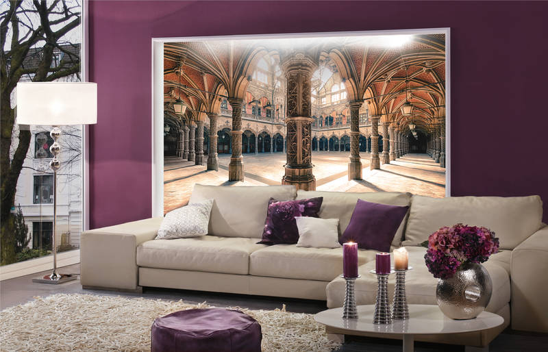             Muurschildering architectuur oude beurs met gewelfd plafond
        