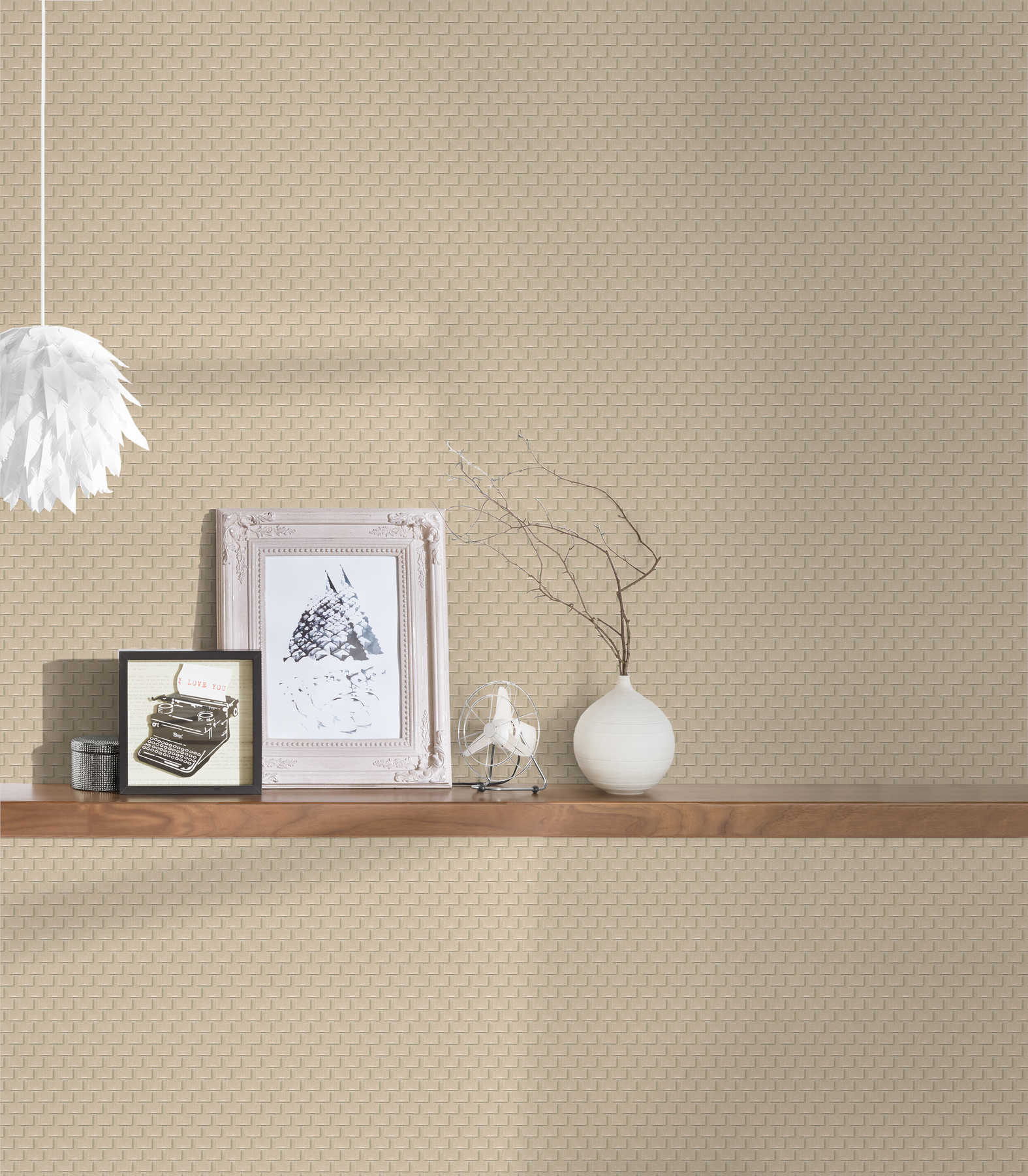             Gemusterte Tapete mit Facetten-Design und 3D-Effekt – Beige, Bronze
        