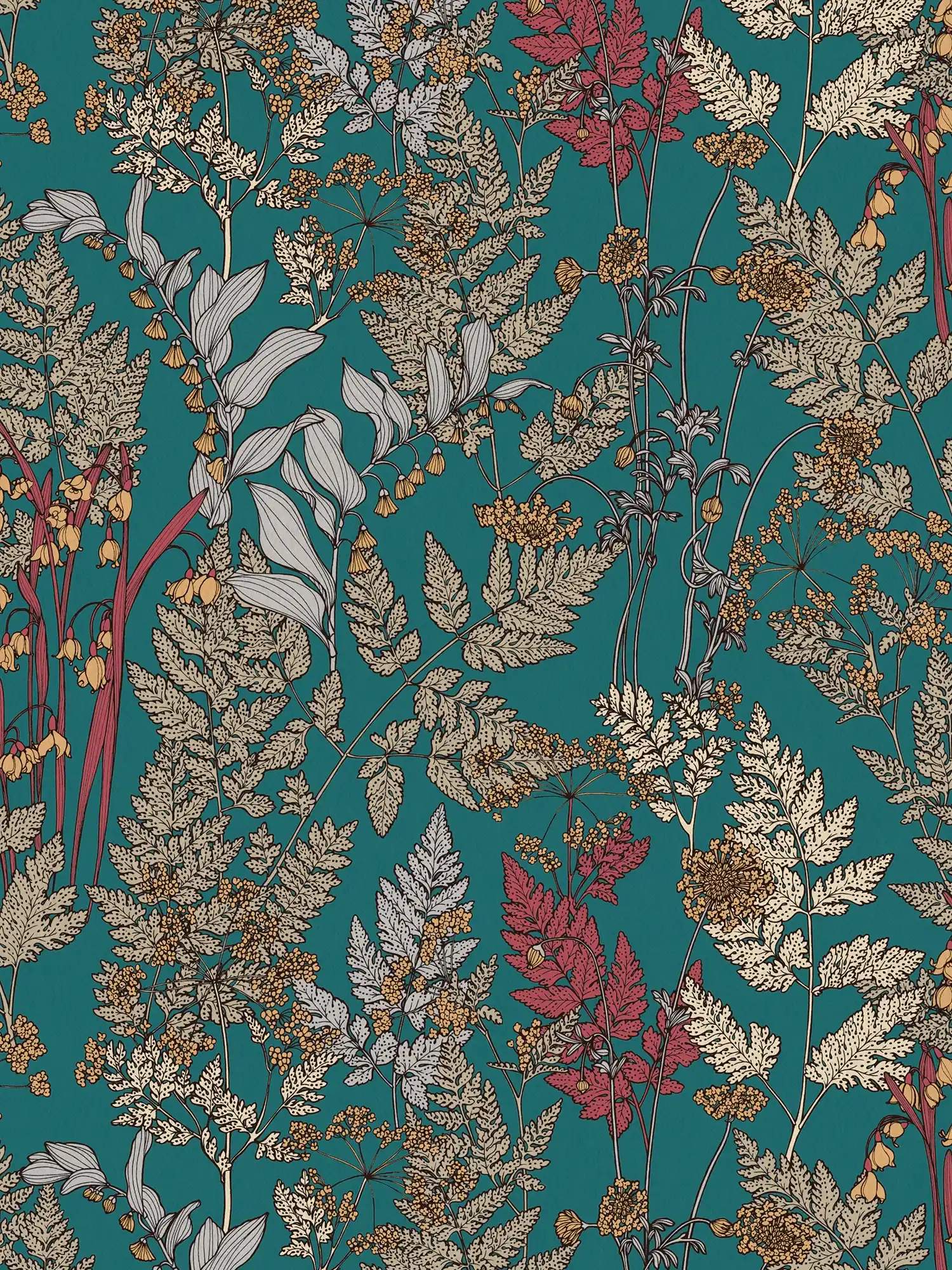         Tapete Petrol mit Blätter & Blüten Muster im Zeichenstil – Blau, Beige, Gelb
    