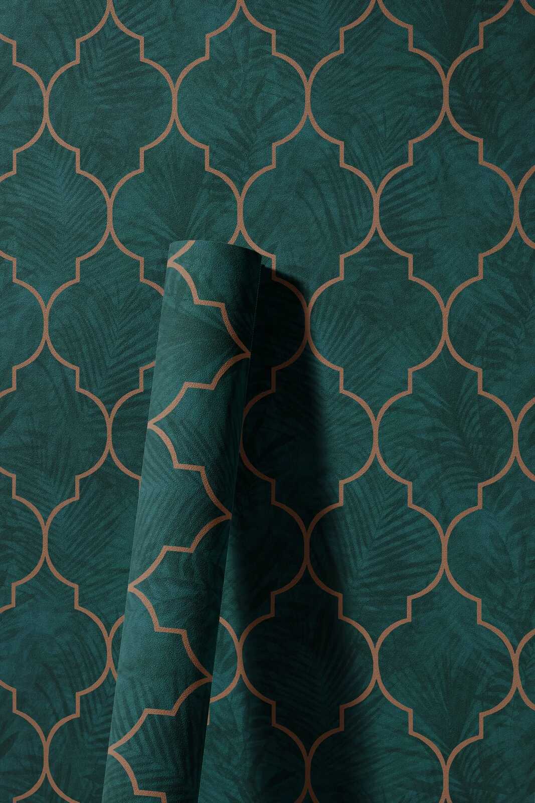             Fliesentapete mit Ornament und Blättermuster – Grün, Türkis, Braun
        