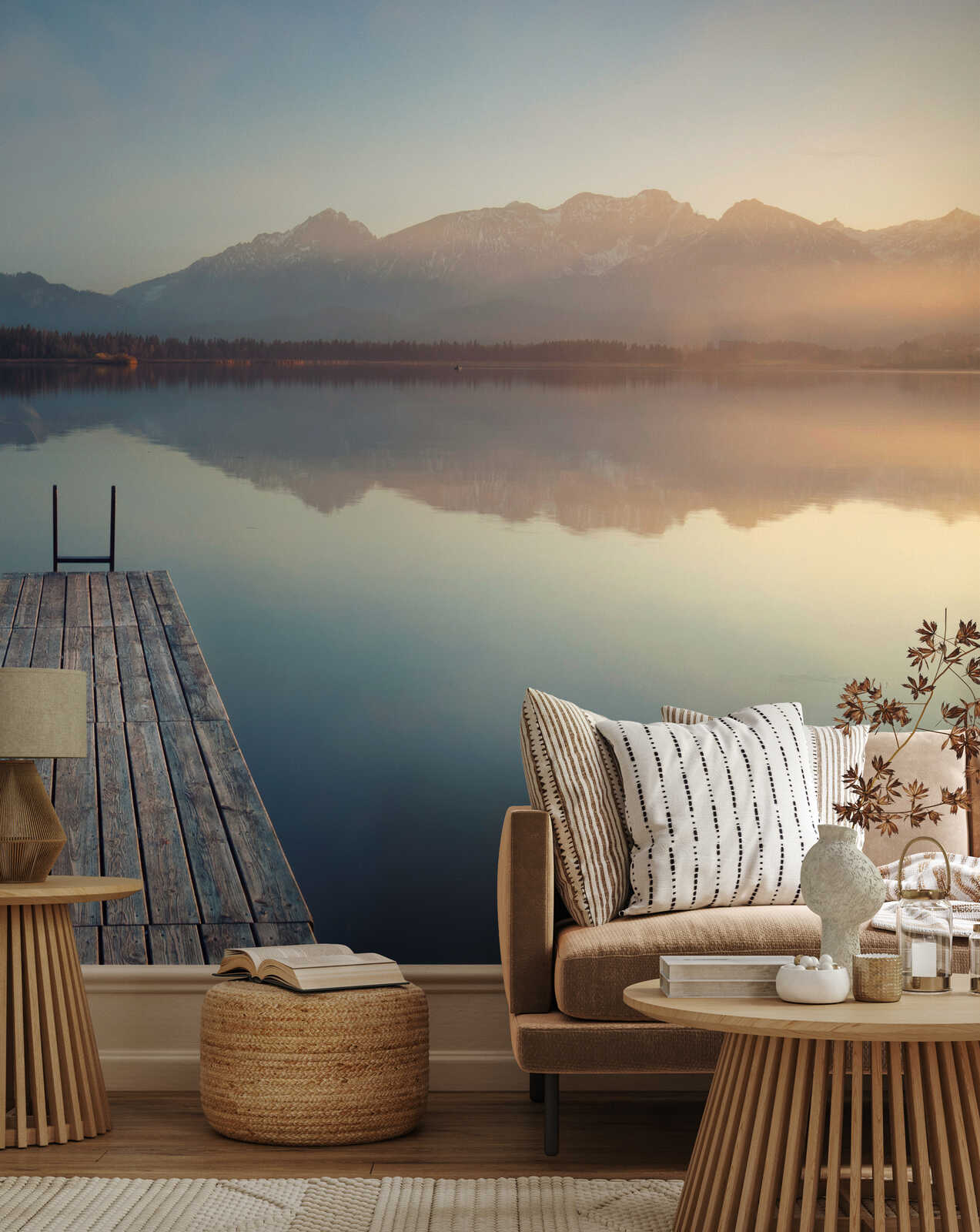 see-through lake, dock, sofa, cushions, decorative vase