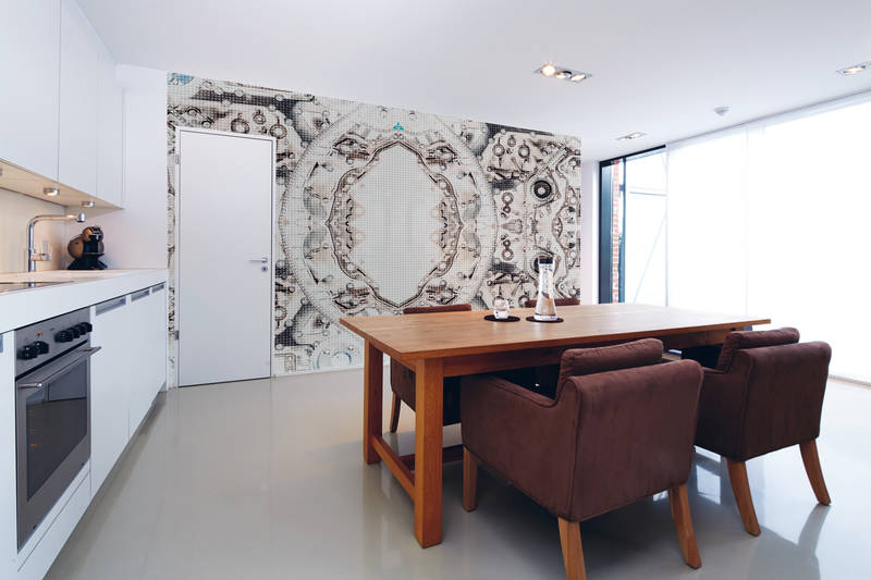             Technik Motiv Fototapete – Vliestapete im symmetrischen Mechanik Look – Grau, Weiß
        