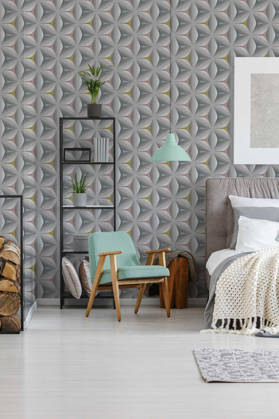             Vintage Tapete Skandinavien Muster – Blau, Grau, Rosa
        