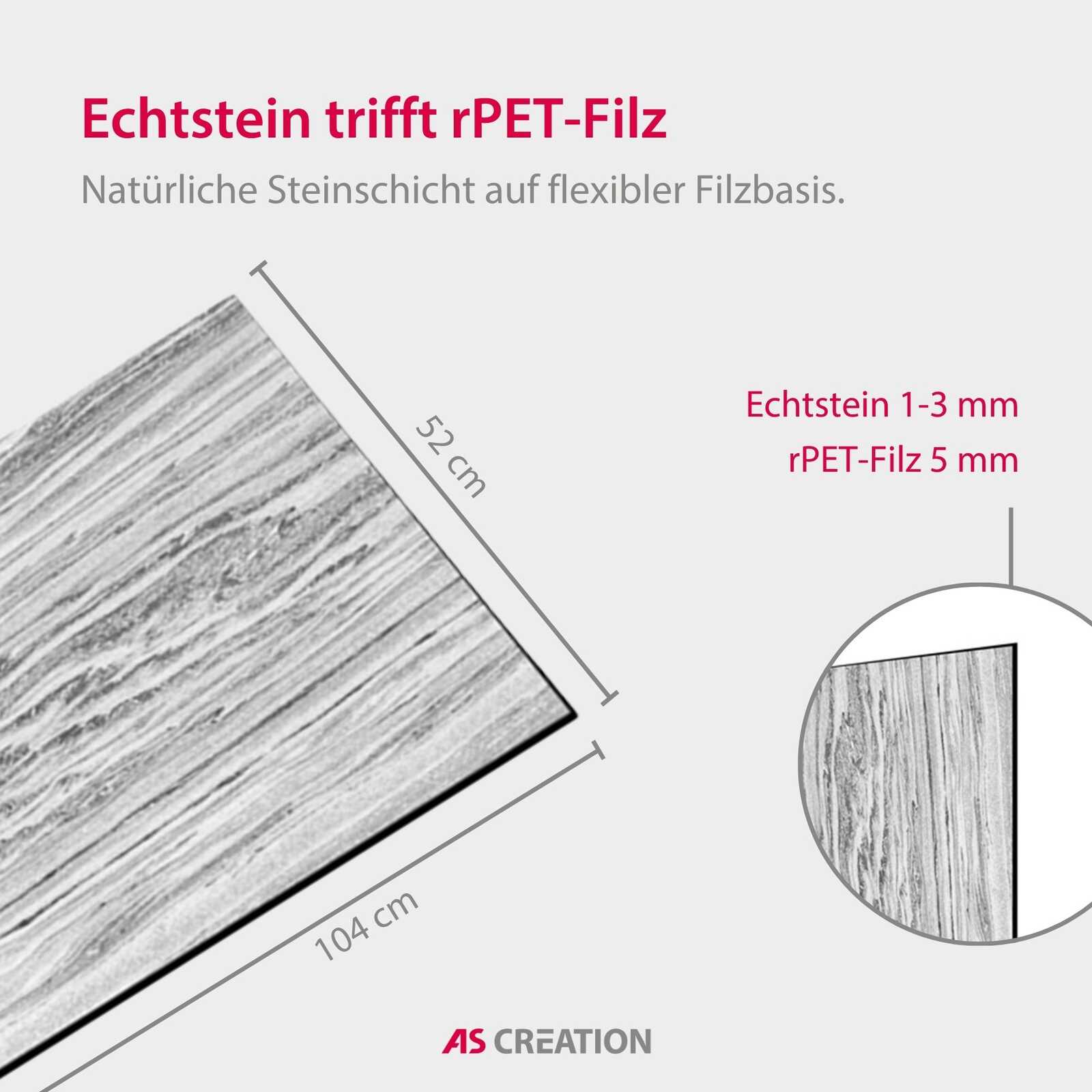 Echtstein, rPET-Filz, Holzoptik, Natursteinschicht, Plattenmaß 104x52 cm