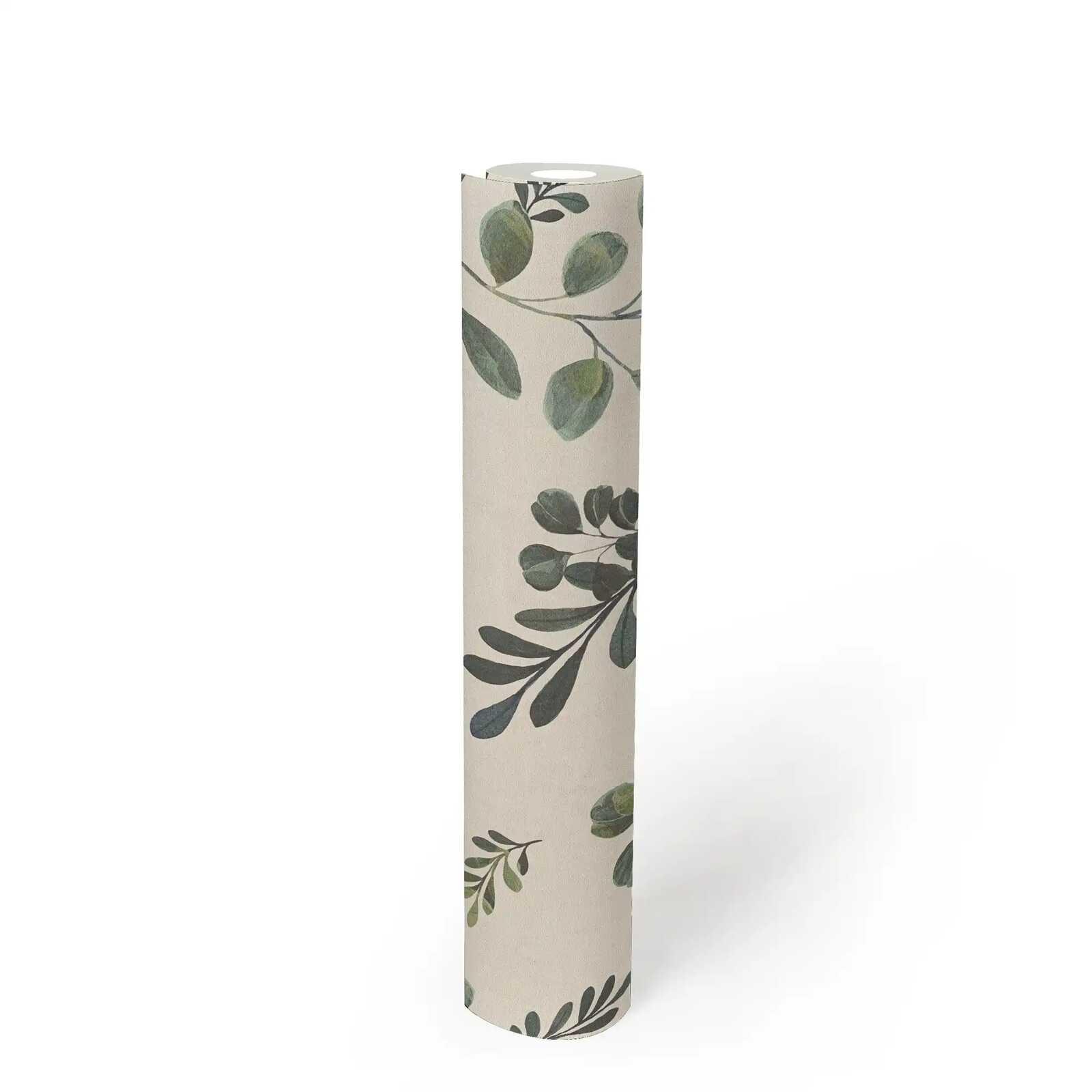             Natürliche Vliestapete mit filigranem Blatt- und Zweigmuster, ebenmäßige Struktur – Beige, Grün
        