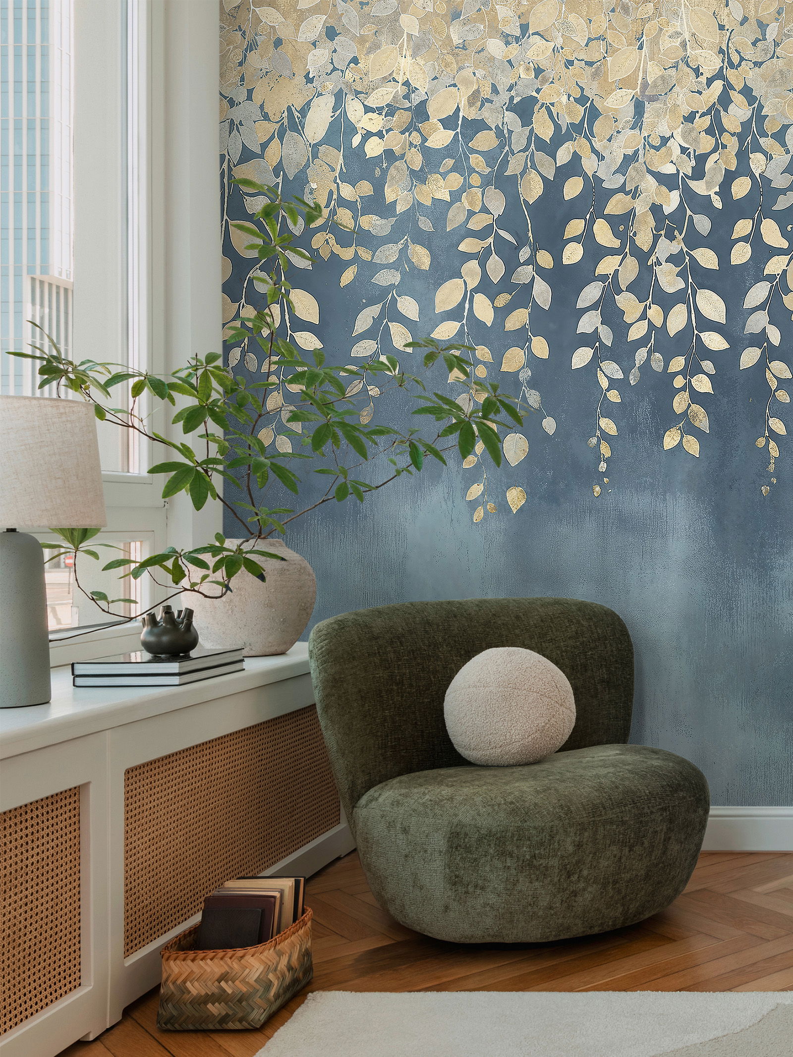 COSMOLiving - motif wallpaper with golden blossom branches on a soft colour gradient - Gilded Bloom - blue, cream, yellow