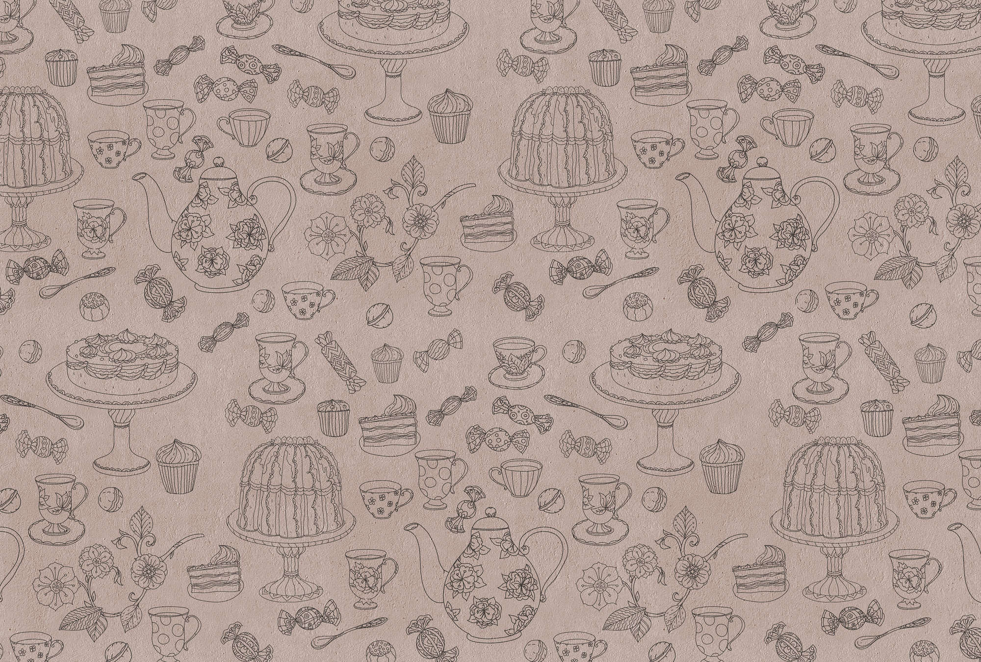             Küchen Fototapete Tee & Kuchen Muster – Grau, Schwarz
        