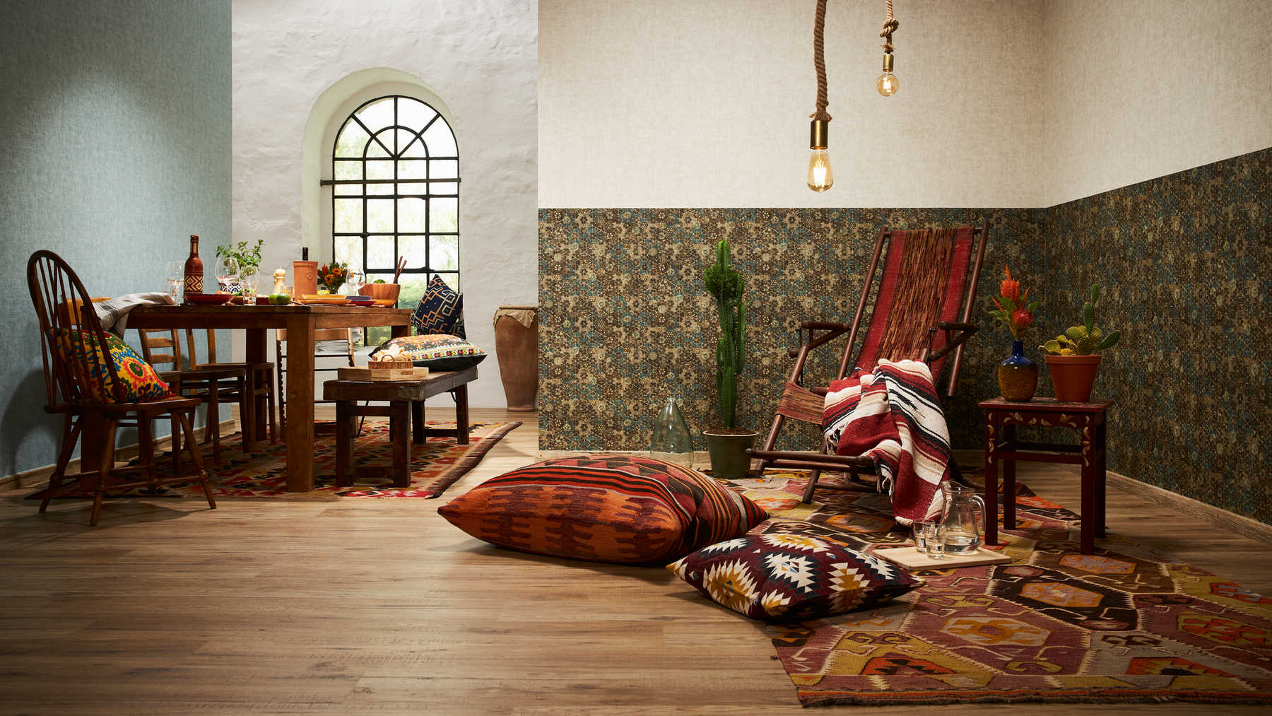             Vliesbehang tegellook met goudglans - bruin, groen
        