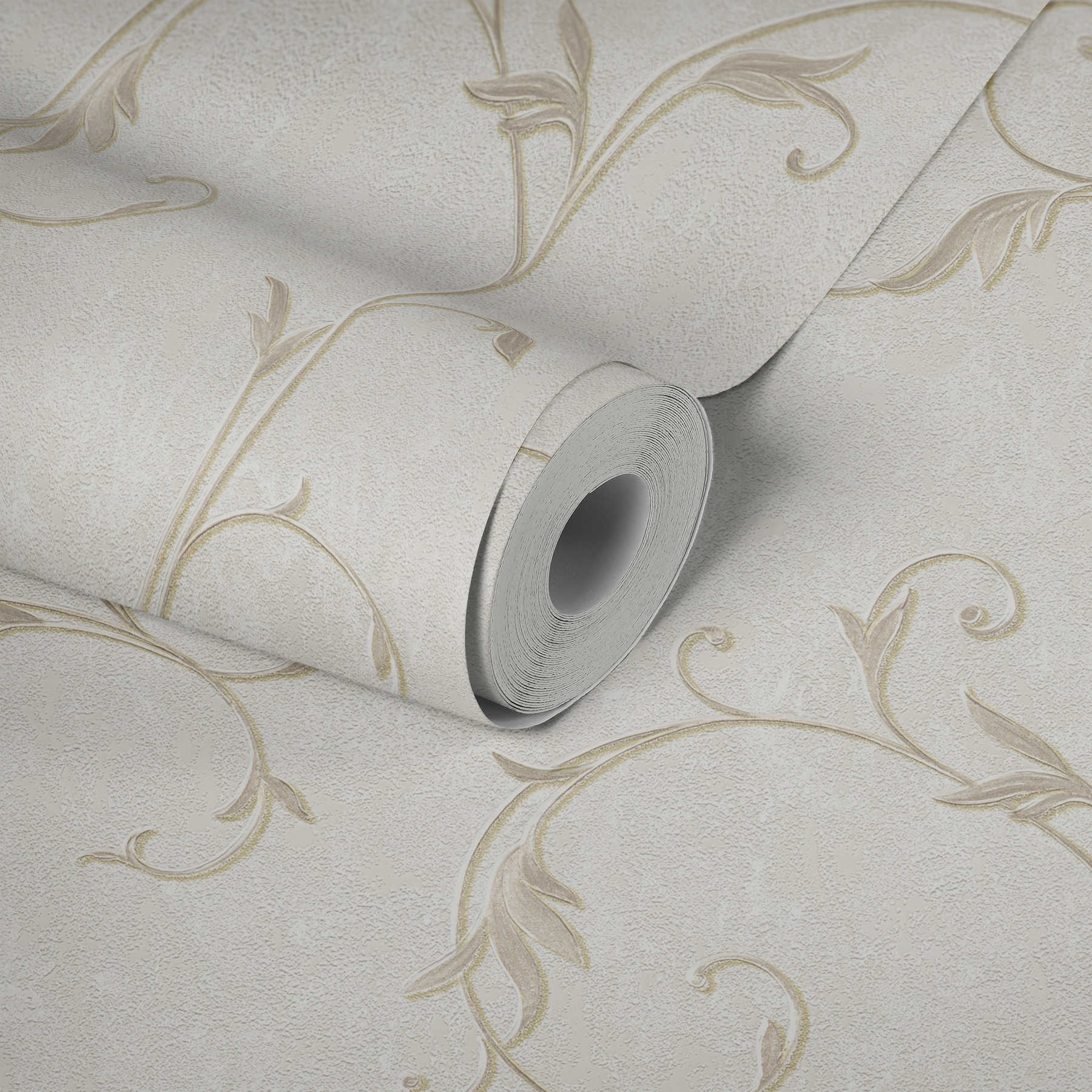             Vliestapete in Putzoptik mit goldenen Ranken-Muster – Beige, Crème, Gold
        