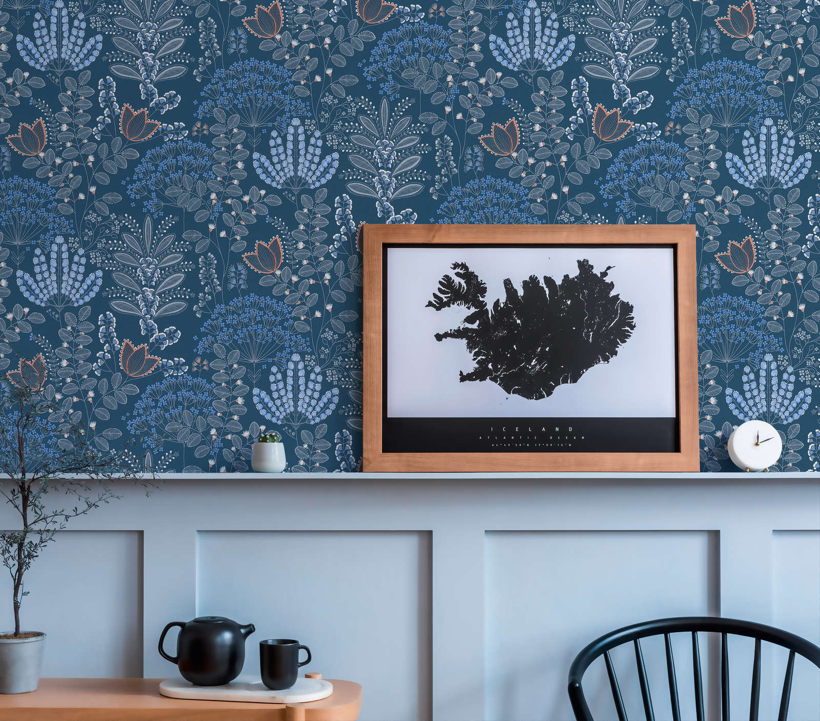Vliestapete floral mit Blättern im Retro-Look leicht strukturiert, matt – Blau, Weiß, Grau