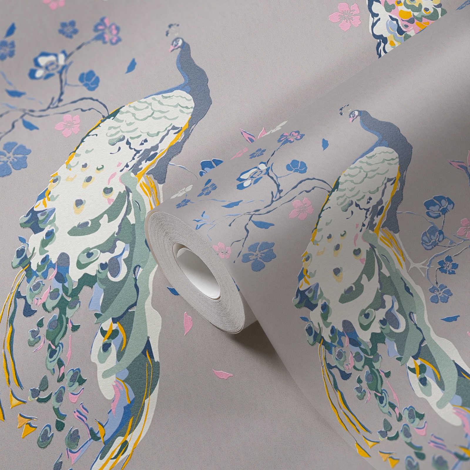            Vliestapete mit Pfau Muster und Glanzeffekt – Grau, Blau, Bunt
        