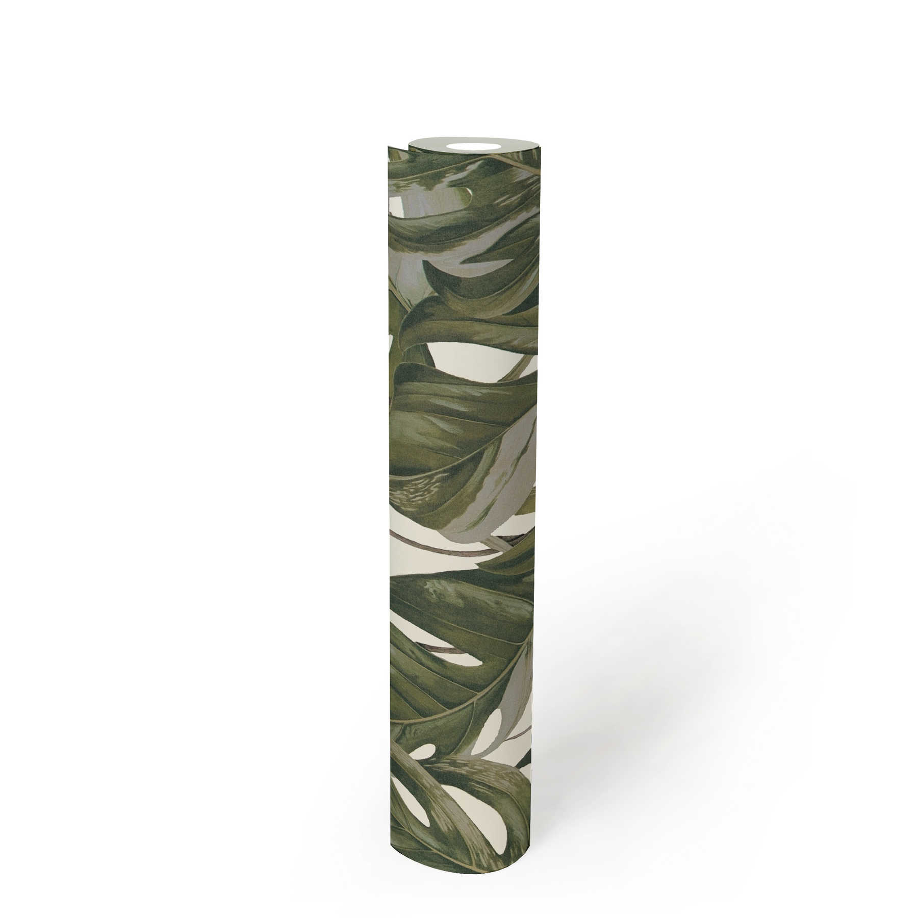             Non-woven wallpaper Monstera leaves pattern - grey, green, white
        
