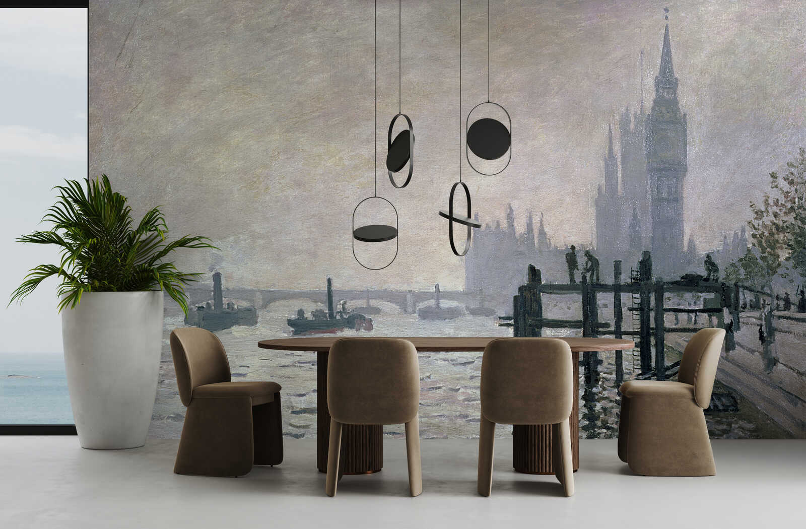 Esstisch, Stühle, Hängeleuchten, Wandmotiv, Holztisch