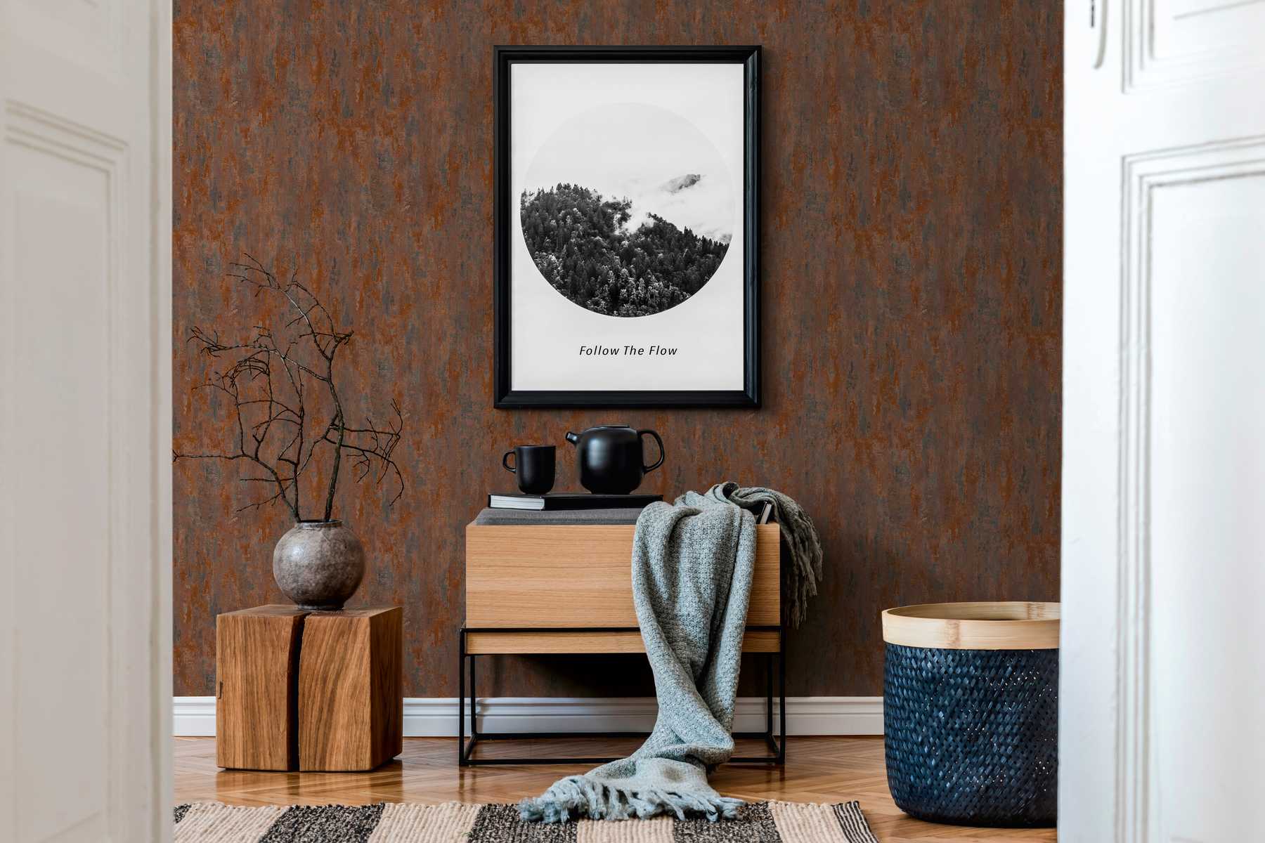             Papier peint rouille & effet métallique style industriel - orange, cuivre, marron
        