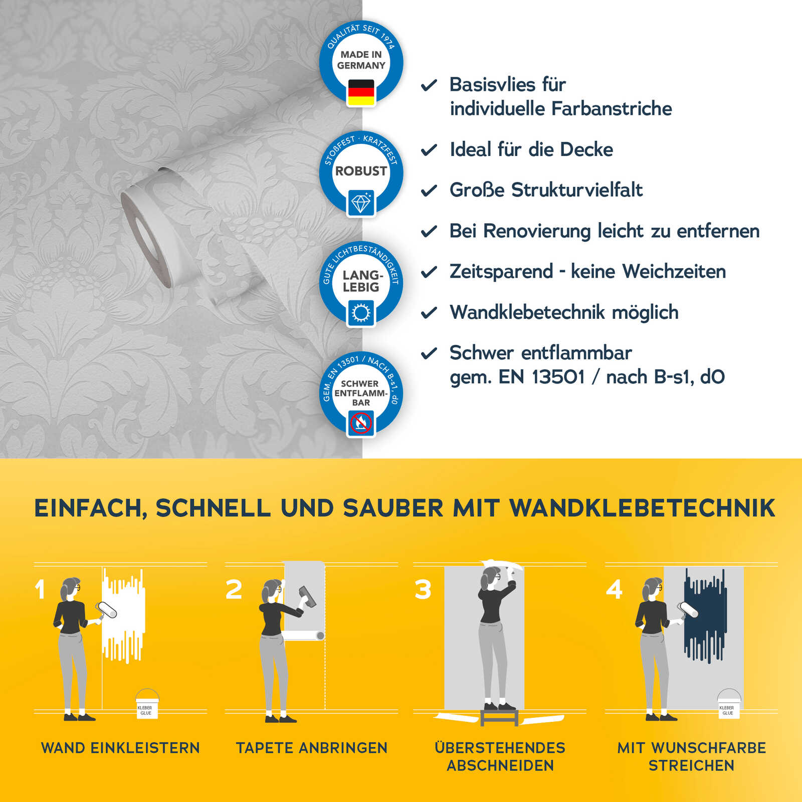             Überstreichbare Tapete mit floralem Ornament Design – Weiß
        