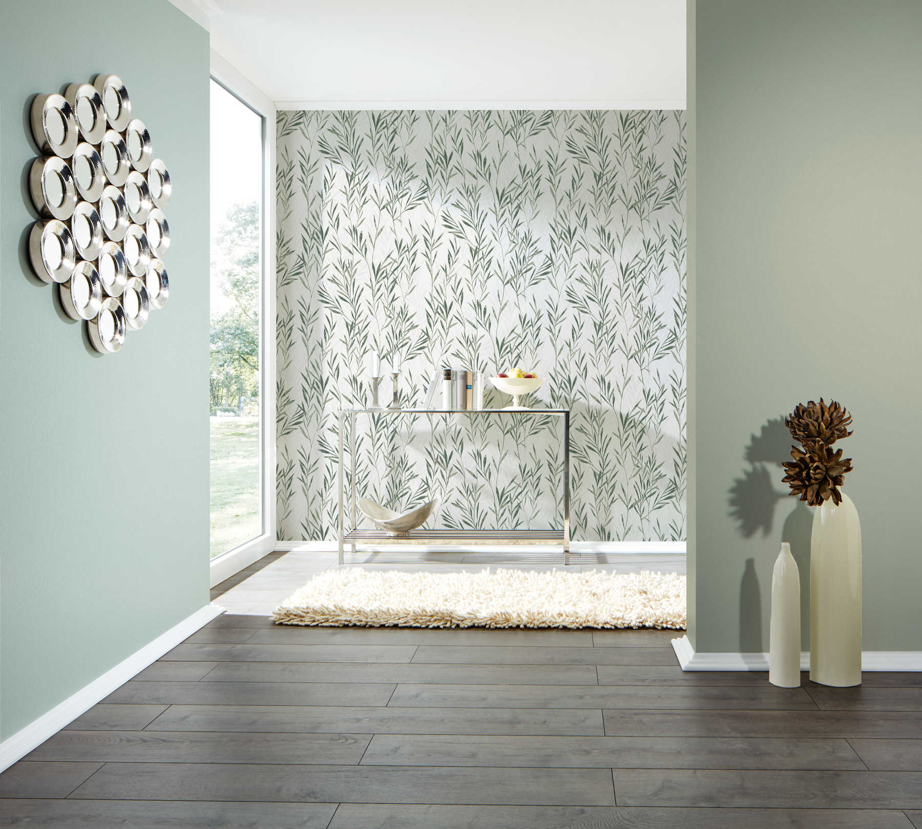             Papier peint intissé Feuilles & motifs de rinceaux - vert, blanc
        